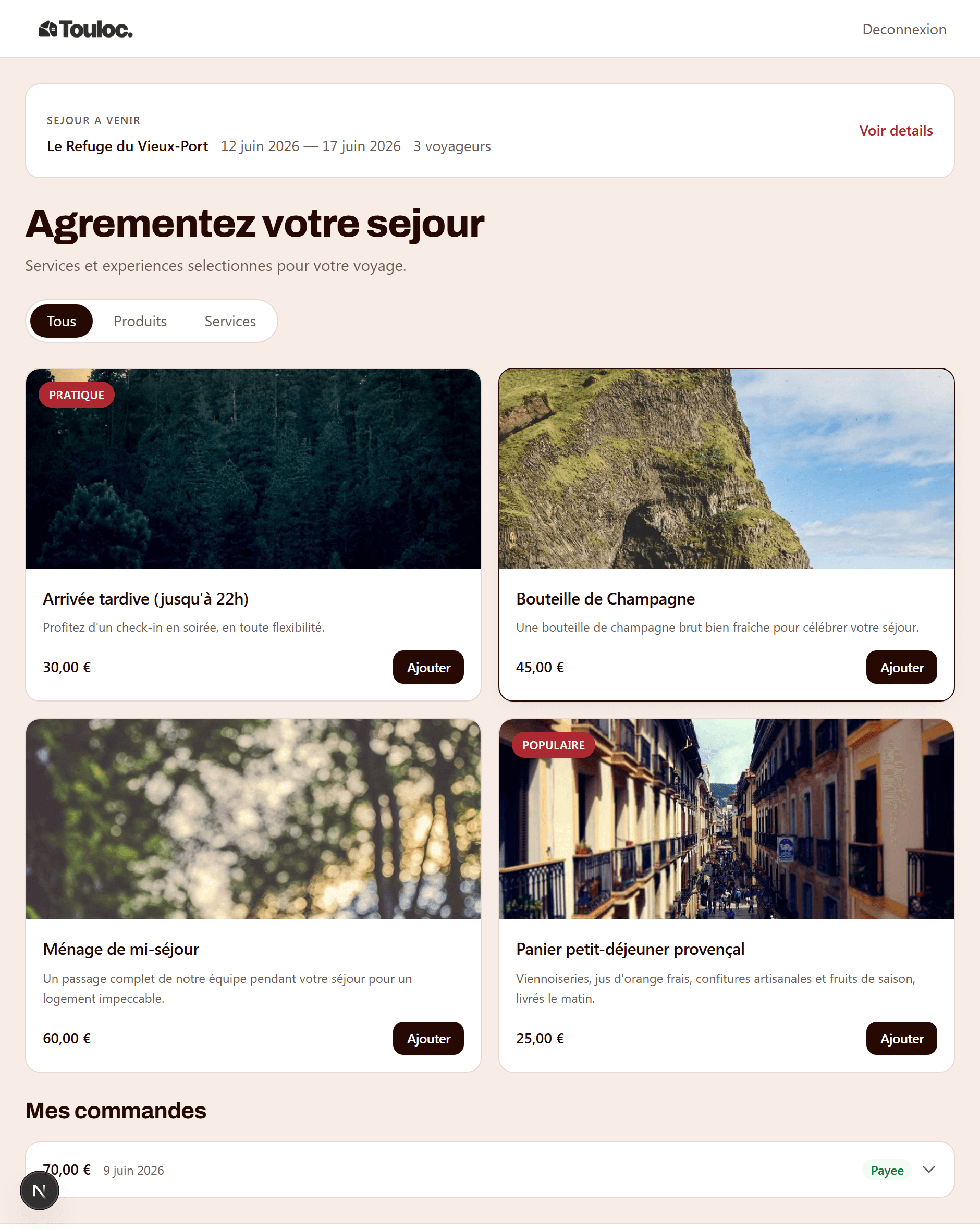 Le portail voyageur Touloc : extras réservés et payés en ligne.